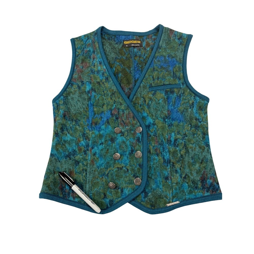 Geiger Austria Womens Wool Vest 36 Teal Blue Green Floral Double Breasted Boiled